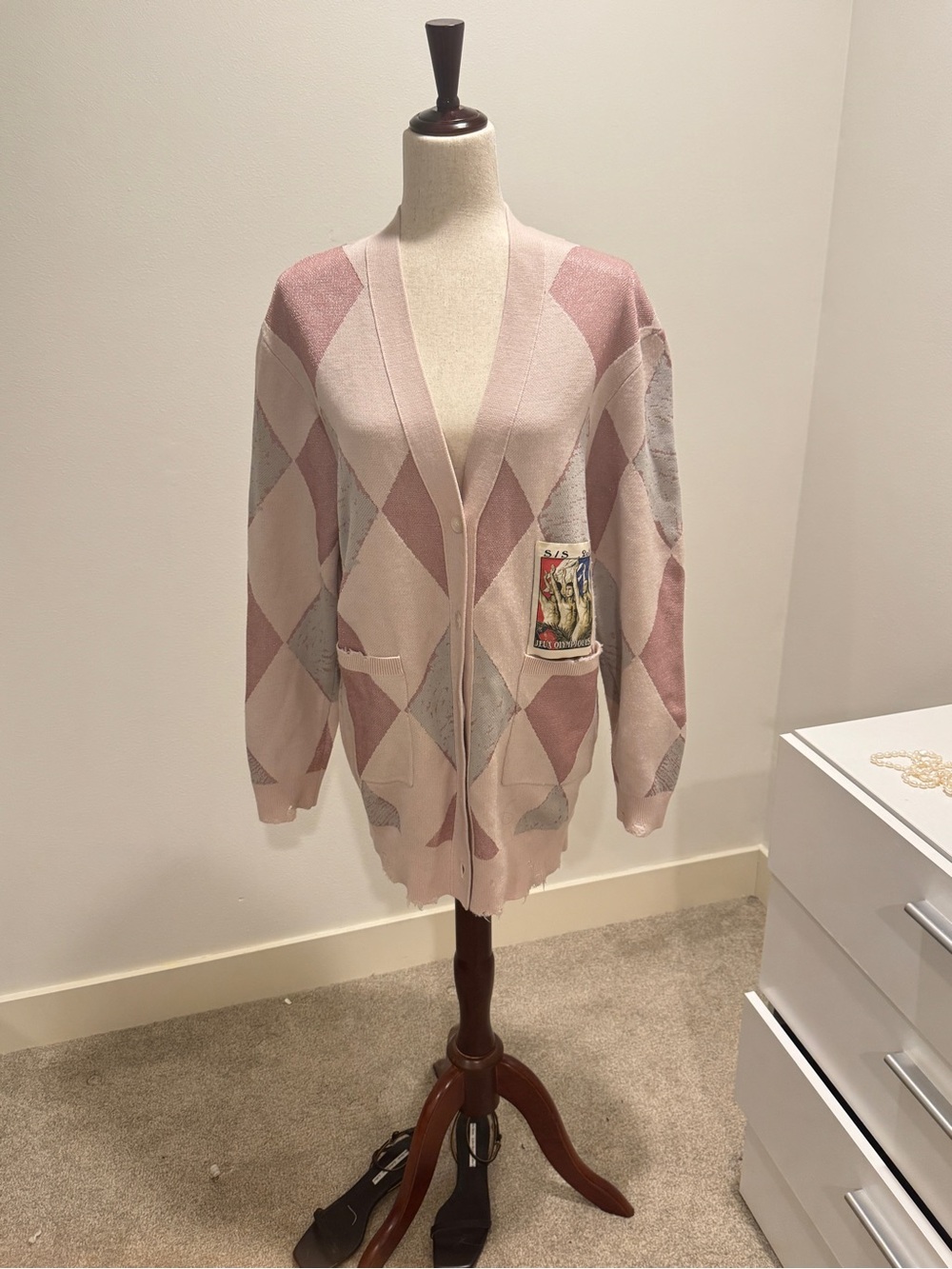 Soft Pink Argyle Button-Front Cardigan